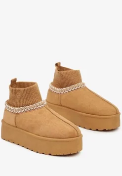 Brązowe Śniegowce na Grubej Podeszwie ze Skarpetkową Wstawką i Haftem z Metaliczną Nicią Avirisa