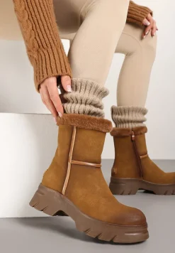 Brązowe Śniegowce na Niskiej Platformie z Ozdobnym Futerkiem Revianna