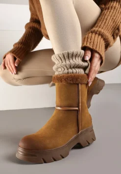 Brązowe Śniegowce na Niskiej Platformie z Ozdobnym Futerkiem Revianna