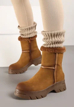 Brązowe Śniegowce na Niskiej Platformie z Ozdobnym Futerkiem Revianna