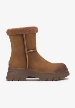 Brązowe Śniegowce na Niskiej Platformie z Ozdobnym Futerkiem Revianna