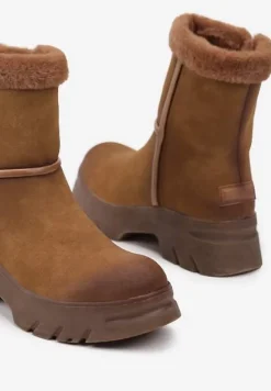 Brązowe Śniegowce na Niskiej Platformie z Ozdobnym Futerkiem Revianna