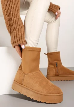 Brązowe Śniegowce na Niskiej Platformie Wyściełane Futrem Nikisya