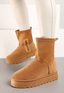 Brązowe Śniegowce na Niskiej Platformie Wyściełane Futrem Nikisya