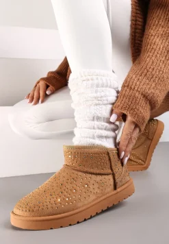 Brązowe Śniegowce na Płaskiej Podeszwie Ozdobione Cyrkoniami i Sztucznym Futerkiem Verissae