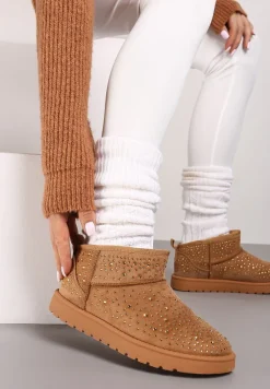 Brązowe Śniegowce na Płaskiej Podeszwie Ozdobione Cyrkoniami i Sztucznym Futerkiem Verissae