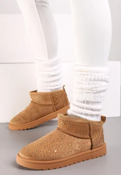 Brązowe Śniegowce na Płaskiej Podeszwie Ozdobione Cyrkoniami i Sztucznym Futerkiem Verissae