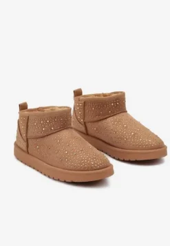 Brązowe Śniegowce na Płaskiej Podeszwie Ozdobione Cyrkoniami i Sztucznym Futerkiem Verissae