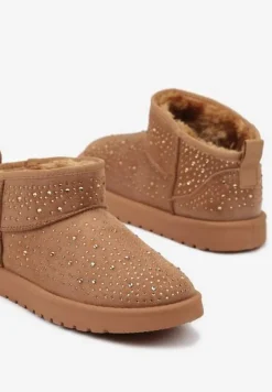 Brązowe Śniegowce na Płaskiej Podeszwie Ozdobione Cyrkoniami i Sztucznym Futerkiem Verissae