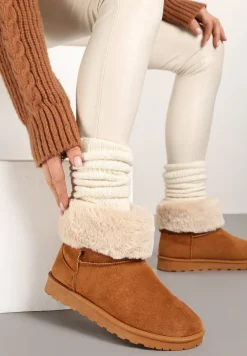 Brązowe Śniegowce na Płaskiej Podeszwie z Ozdobnym Futerkiem Polida