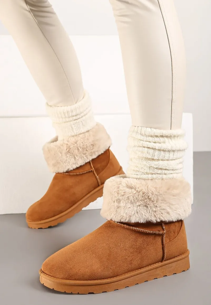 Brązowe Śniegowce na Płaskiej Podeszwie z Ozdobnym Futerkiem Polida