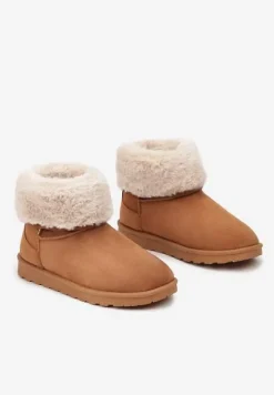 Brązowe Śniegowce na Płaskiej Podeszwie z Ozdobnym Futerkiem Polida