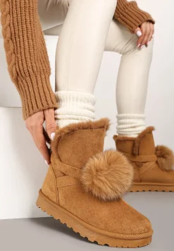 Brązowe Śniegowce na Płaskiej Podeszwie z Pomponami z Futerka Seamira