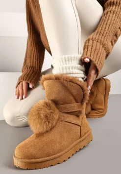 Brązowe Śniegowce na Płaskiej Podeszwie z Pomponami z Futerka Seamira