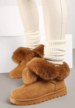 Brązowe Śniegowce na Płaskiej Podeszwie z Pomponami z Futerka Seamira