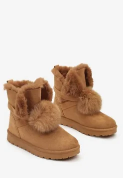 Brązowe Śniegowce na Płaskiej Podeszwie z Pomponami z Futerka Seamira