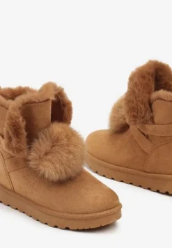 Brązowe Śniegowce na Płaskiej Podeszwie z Pomponami z Futerka Seamira