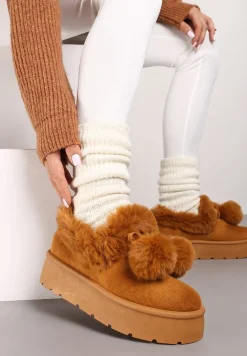 Brązowe Śniegowce na Platformie z Pomponami i Ozdobnym Sztucznym Futerkiem Iriviane