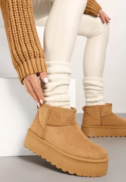 Brązowe Śniegowce na Platformie Ozdobionej Tłoczeniem z Niską Cholewką Inarinne