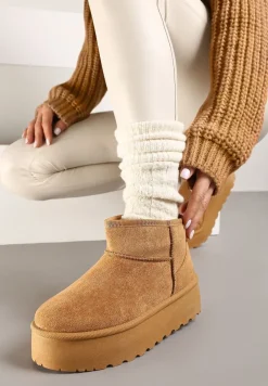 Brązowe Śniegowce na Platformie Ozdobionej Tłoczeniem z Niską Cholewką Inarinne