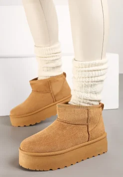 Brązowe Śniegowce na Platformie Ozdobionej Tłoczeniem z Niską Cholewką Inarinne