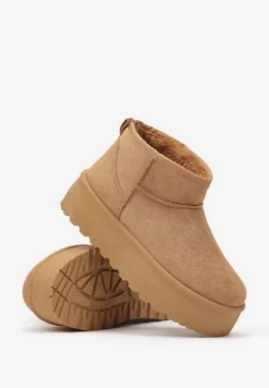 Brązowe Śniegowce na Platformie Ozdobionej Tłoczeniem z Niską Cholewką Inarinne