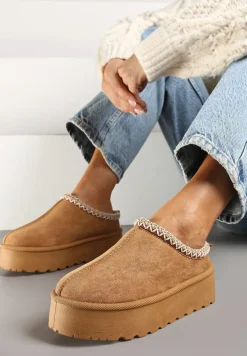 Brązowe Śniegowce na Platformie z Niską Cholewką i Haftowanym Wzorem Zivilae