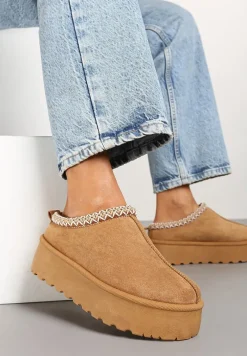 Brązowe Śniegowce na Platformie z Niską Cholewką i Haftowanym Wzorem Zivilae