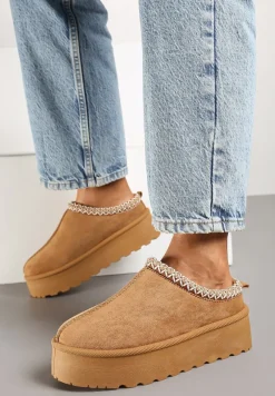 Brązowe Śniegowce na Platformie z Niską Cholewką i Haftowanym Wzorem Zivilae