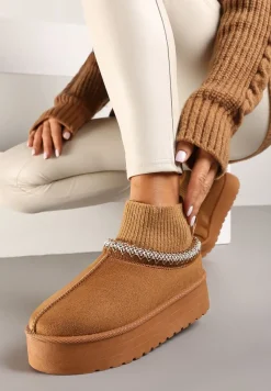 Brązowe Śniegowce na Platformie z Haftem i Dopasowaną Cholewką Sintitia