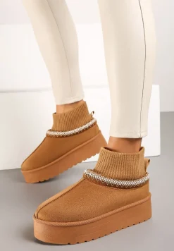 Brązowe Śniegowce na Platformie z Haftem i Dopasowaną Cholewką Sintitia