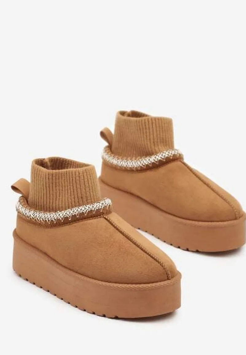 Brązowe Śniegowce na Platformie z Haftem i Dopasowaną Cholewką Sintitia