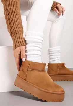 Brązowe Śniegowce na Platformie Ozdobione Przeszyciami Ivalin