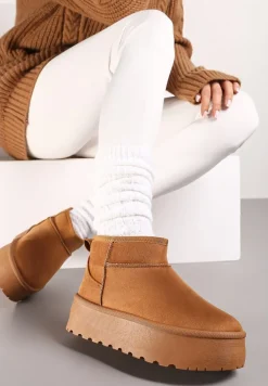 Brązowe Śniegowce na Platformie Ozdobione Przeszyciami Ivalin