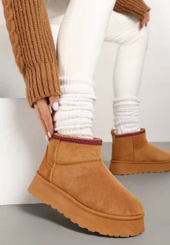 Brązowe Śniegowce na Platformie Ozdobione Haftem Deccaria