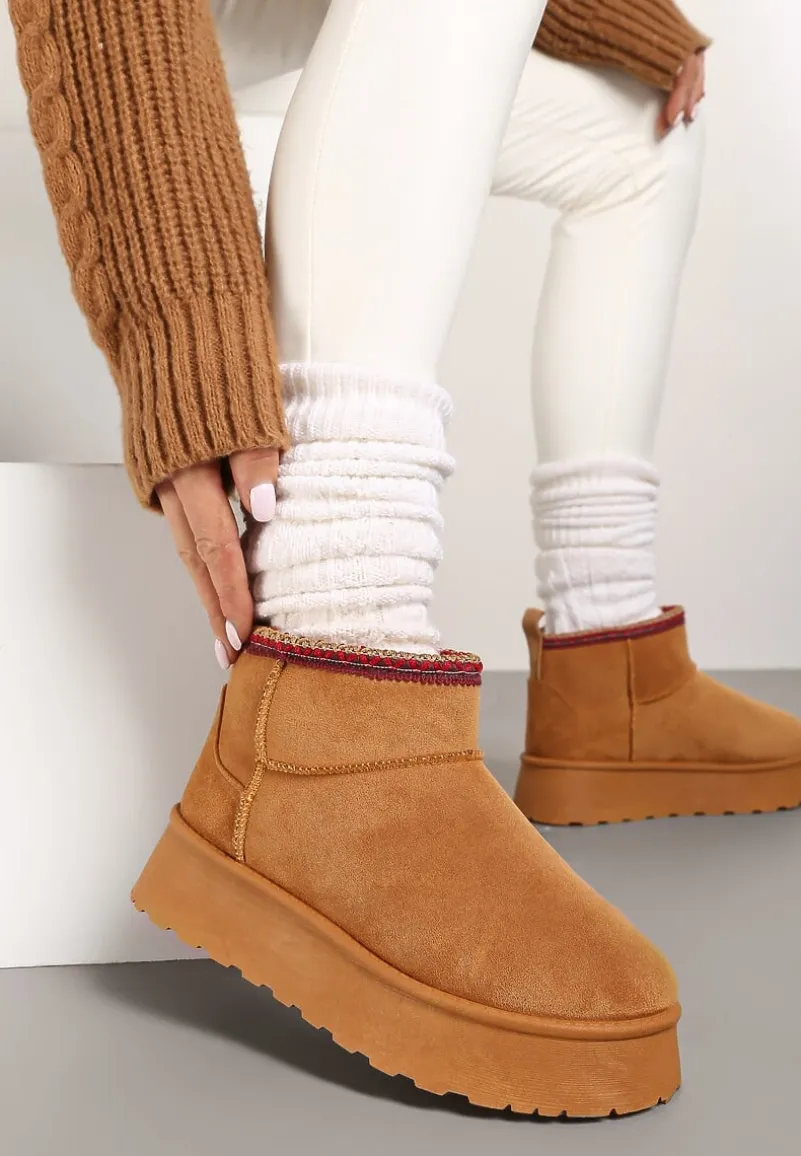 Brązowe Śniegowce na Platformie Ozdobione Haftem Deccaria