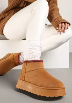 Brązowe Śniegowce na Platformie Ozdobione Haftem Deccaria