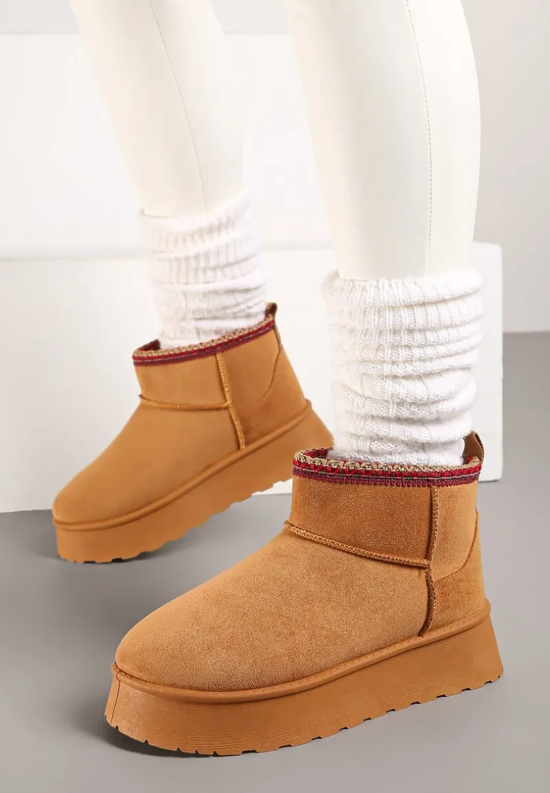 Brązowe Śniegowce na Platformie Ozdobione Haftem Deccaria