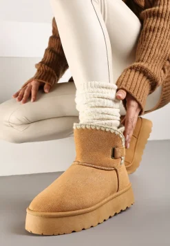 Brązowe Śniegowce na Platformie Ozdobione Paskiem Filiel