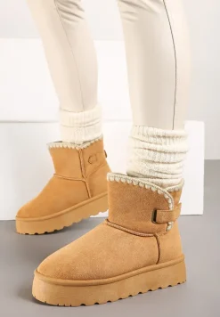 Brązowe Śniegowce na Platformie Ozdobione Paskiem Filiel