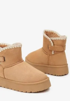 Brązowe Śniegowce na Platformie Ozdobione Paskiem Filiel