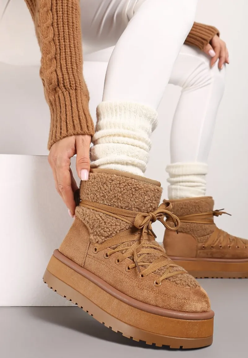 Brązowe Śniegowce na Platformie Ozdobione Sznurowaniem Sinessia