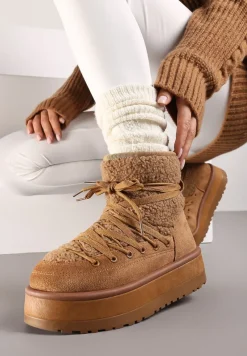 Brązowe Śniegowce na Platformie Ozdobione Sznurowaniem Sinessia