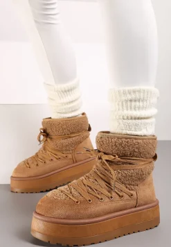 Brązowe Śniegowce na Platformie Ozdobione Sznurowaniem Sinessia