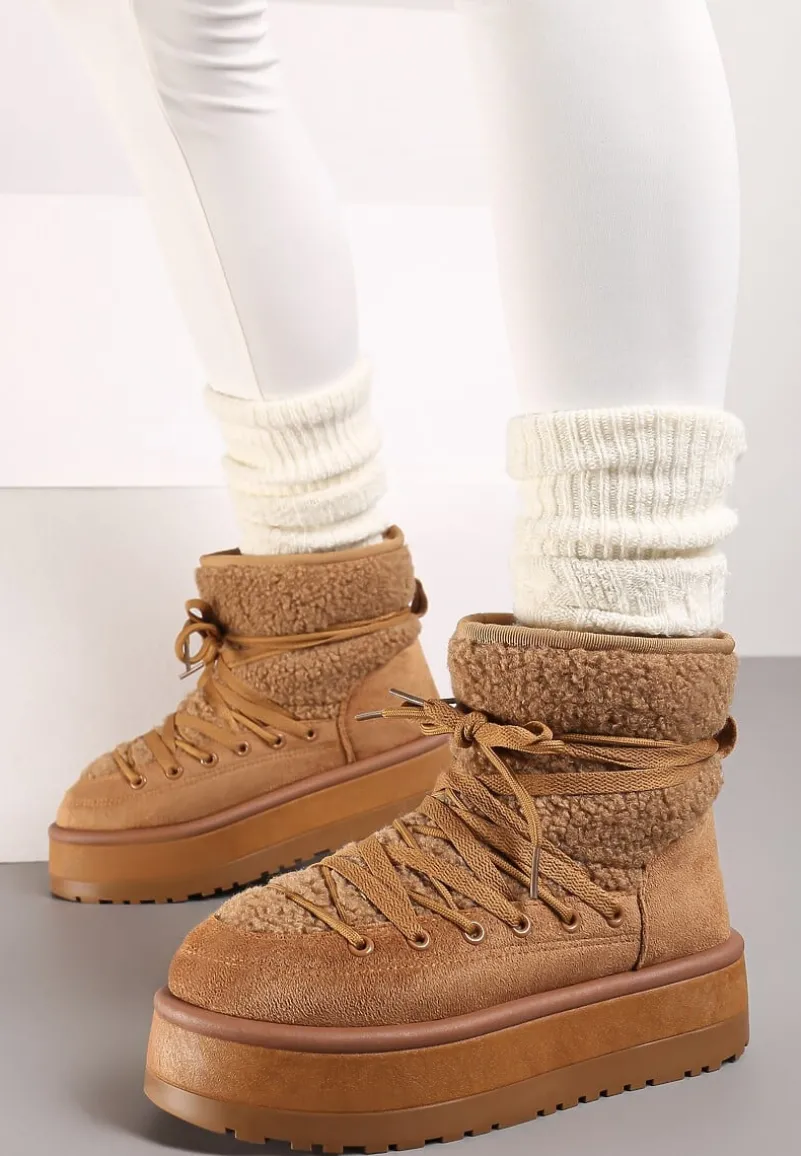 Brązowe Śniegowce na Platformie Ozdobione Sznurowaniem Sinessia