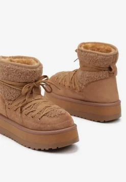 Brązowe Śniegowce na Platformie Ozdobione Sznurowaniem Sinessia