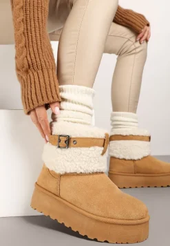 Brązowe Śniegowce na Platformie Ozdobione Metaliczną Klamrą i Futerkiem w Stylu Baranka Anelavia