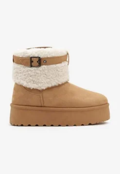 Brązowe Śniegowce na Platformie Ozdobione Metaliczną Klamrą i Futerkiem w Stylu Baranka Anelavia