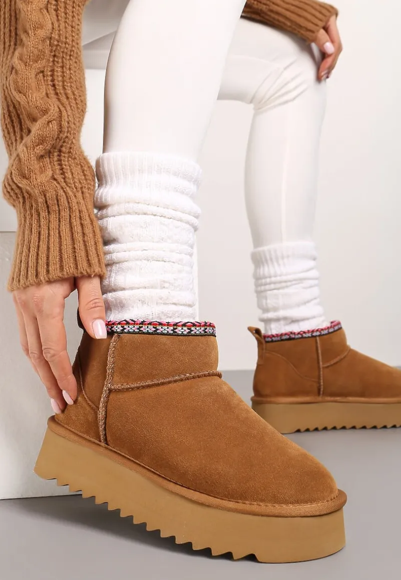 Brązowe Śniegowce na Platformie ze Skóry Naturalnej Ozdobione Haftem Narisha