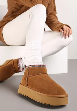 Brązowe Śniegowce na Platformie ze Skóry Naturalnej Ozdobione Haftem Narisha